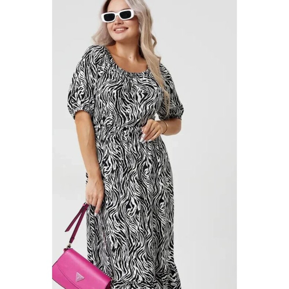 Womens 2XL Black White Print Cotton Long House Dress Short Sleeve Casual Dress